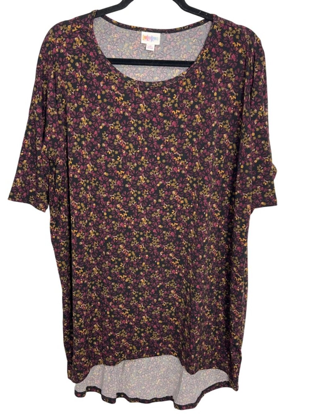 Lularoe Tunic Top Medium Floral Hi Low Short Sleeve Tee Navy Bohemian Hippie NEW